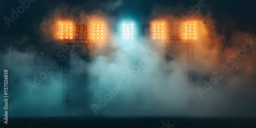 Vibrant stadium lights with hazy smoke creating an atmospheric sporting scene. Concept Sporting Events, Stadium Lights, Atmosphere, Smoke Effects, Vibrant Colors