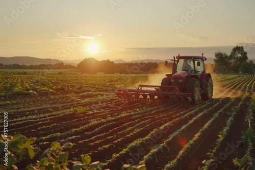 Tractor tilling the soil in a farm field at sunset  with a picturesque countryside landscape.