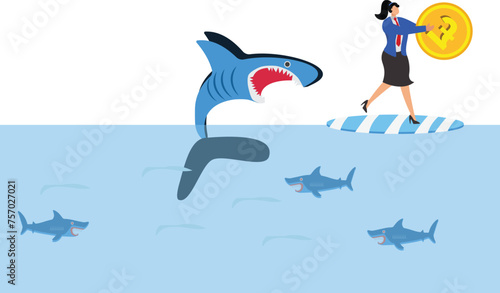 Businesswoman with British Pound Currency is getting attacked by a shark