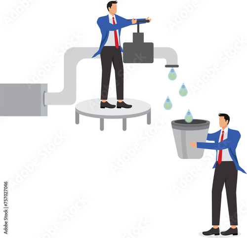 Teamwork man turning on a tap and water with an idea light bulb flowing from the faucet and coworker holding a bucket to catch it