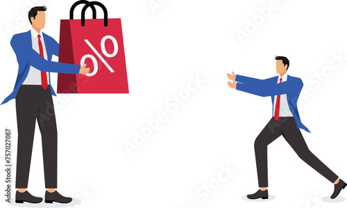 Big hand giving a percentage sign to a businessman customer, discount marketing promotion sales