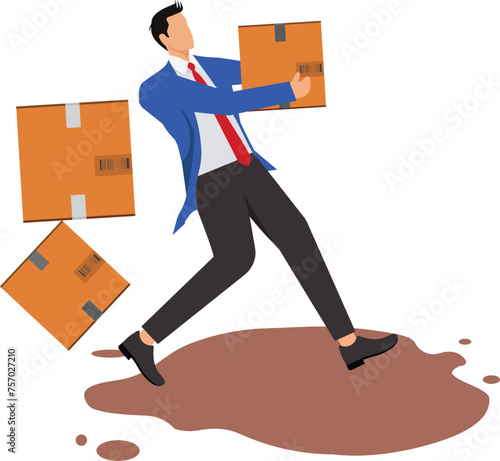 Delivery man carrying a pile of cardboard boxes, slipping and falling down