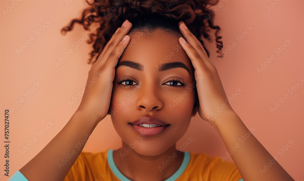 Fototapeta premium African American Black Woman Holding Hands on Forehead in Studio Setting Expressing Emotional Distress and Discomfort.
