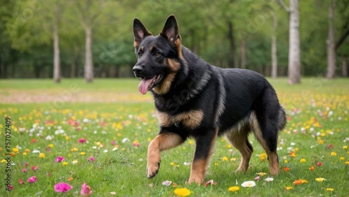 Black and tan german shepherd dog in flower field