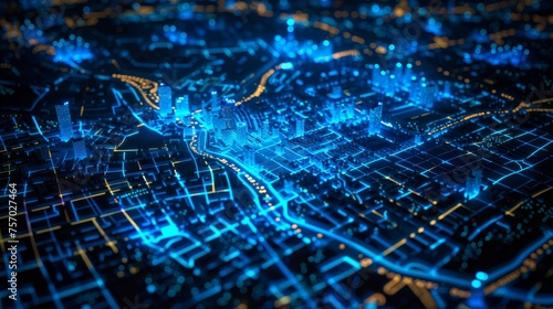 A detailed map of a city illuminated by blue lights 