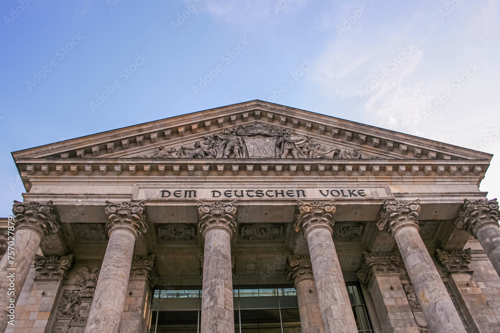 The Reichstag, a historic legislative government building on Platz der Republik in Berlin