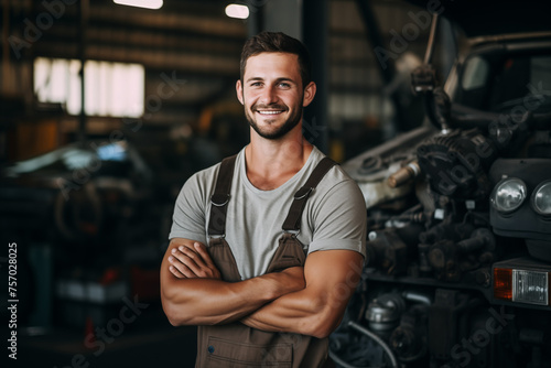 Smiling mechanic man. Automotive professions. Job offer. Job Search. Machine repair professions. AI.