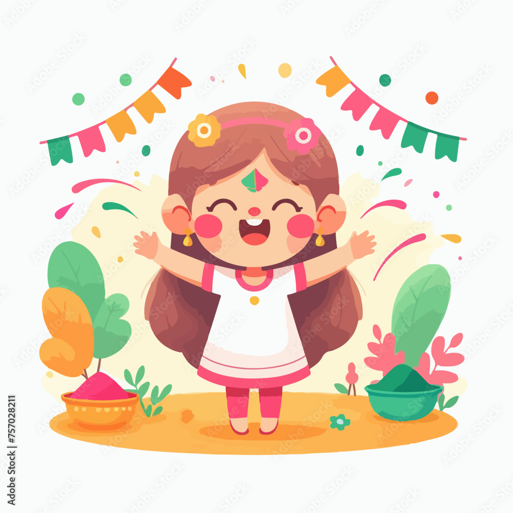 cartoon illustration of a little Indian girl at the colorful holi festival cartoon illustration of a little Indian girl at the colorful holi festival