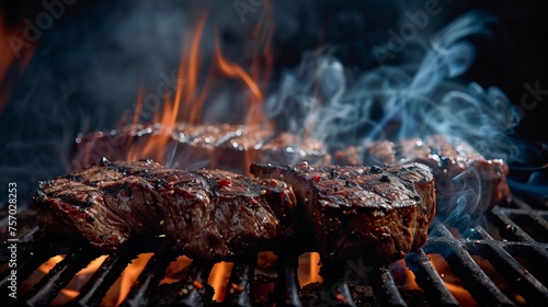 bbq meat grilled dark background smoke fire beef