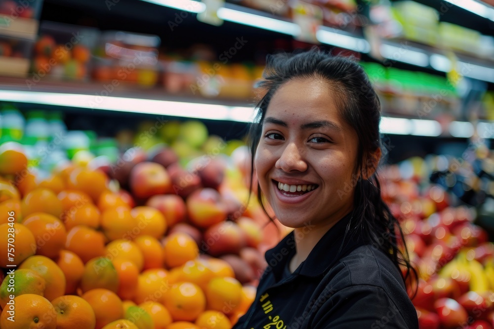 Portrait of young saleswoman in apron standing in supermarket with shelves of fruits and vegetables on background, looking at camera and smiling. 