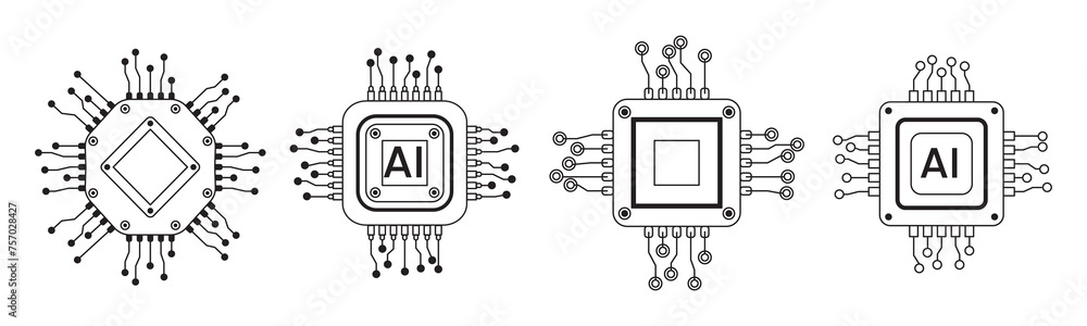 Vector computer electronic chip line AI icons set. Outline microchip ...