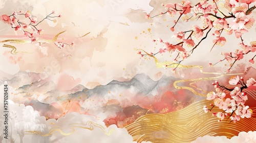 Decorative Japanese wave pattern with art landscape banner. Abstract background with gold texture modern. Cherry blossom  bamboo  and cloud elements with vintage watercolor banner.