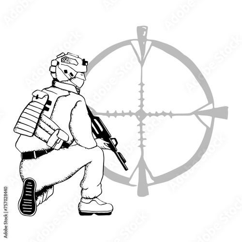Sniper soldier sitting in ambush with rifle and optical sight vector illustration in black and white. Israeli or American military man for Veteran and Remembrance Day design