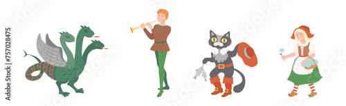 Fairy Tales Characters with Dragon, Bard, Cat in Boots and Red Riding Hood Vector Set © Happypictures