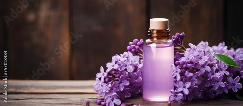 A glass bottle of violet essential oil sits next to purple flowers on a wooden table, creating a serene and fragrant setting