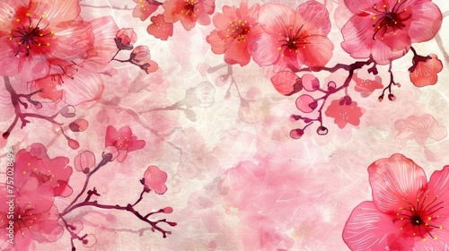 Vintage style pink watercolor flower background with Japanese pattern and floral pattern modern. Oriental decoration for banner designs, flyers, banners, or presentations. © Mark
