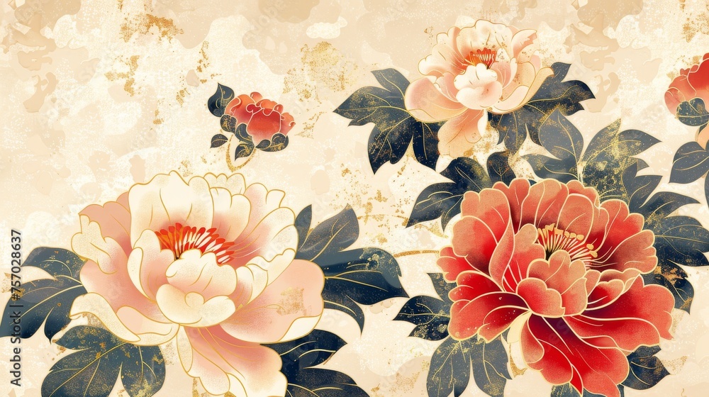 The background has a natural landscape with Japanese pattern moderns. There is a peony flower template with gold texture. A wide wallpaper in Chinese arts style with a vintage appearance. The background has a natural landscape with Japanese pattern moderns. There is a peony flower template with gold texture. A wide wallpaper in Chinese arts style with a vintage appearance.