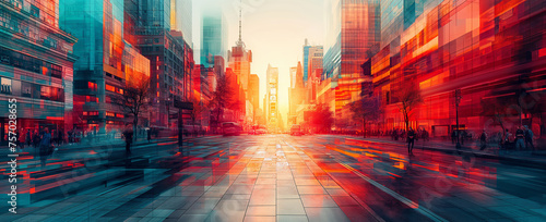Motion blur of skyscrapers in the city at sunset