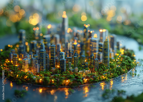 3d illustration of miniature city with light bokeh background.