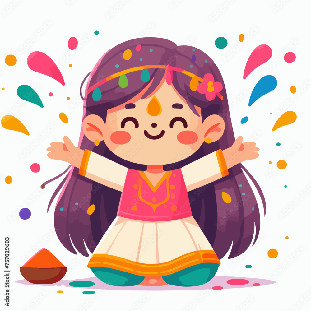 Fototapeta premium cartoon illustration of a little girl happily celebrating the colorful holi festival