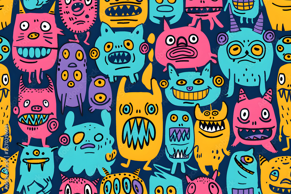 Seamless pattern of cartoon doodles of lil monsters