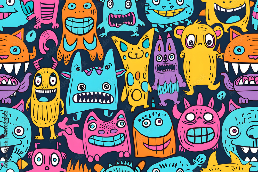 Seamless pattern of cartoon doodles of lil monsters