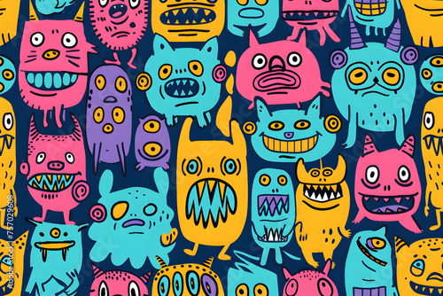 Seamless pattern of cartoon doodles of lil monsters photo