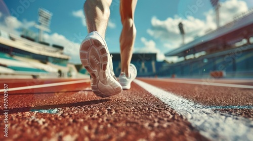 Photo from behind close-up of athlete's feet running around stadium on sunny day