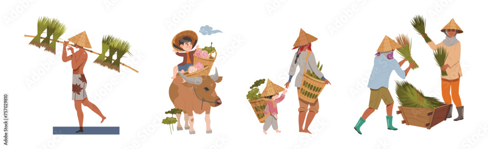 Fototapeta premium Asian Farmers in Straw Conical Hat Working on Field Vector Set