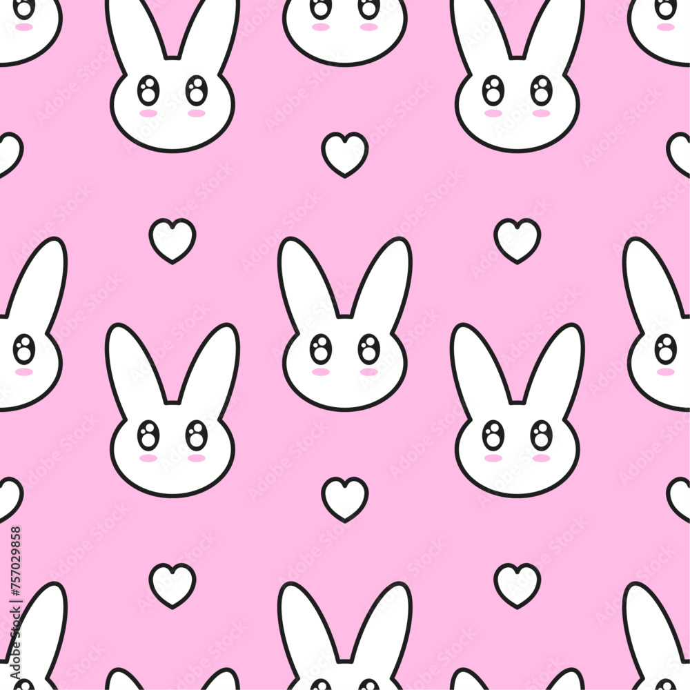 White cute bunnies and hearts with black outline on pink background. Vector seamless pattern. Best for textile, print, wallpapers, and festive decoration.
