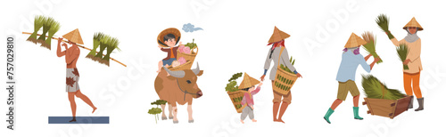 Asian Farmers in Straw Conical Hat Working on Field Vector Set