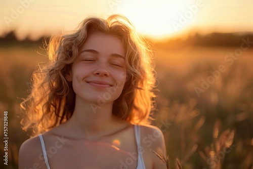 Backlit Portrait of a calm happy smiling free woman with her eyes closed enjoying a beautiful moment of life in a field at sunset © zozo