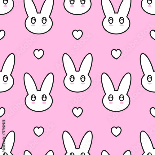White cute bunnies and hearts with black outline on pink background. Vector seamless pattern. Best for textile, print, wallpapers, and festive decoration.