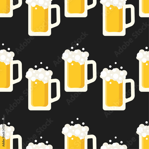 Beer mugs vector seamless pattern. Stylized elements on black background. Best for textile, wallpapers, wrapping paper, package and bar decoration.
