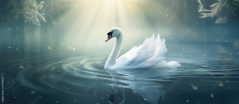 A graceful white swan gracefully glides through the liquid surface of the lake, showcasing its elegant feathered body and distinctive beak - obrazy, fototapety, plakaty 