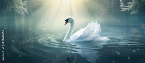 A graceful white swan gracefully glides through the liquid surface of the lake, showcasing its elegant feathered body and distinctive beak photo