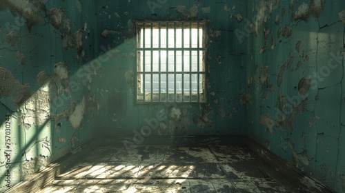  a prison cell with a window and bars