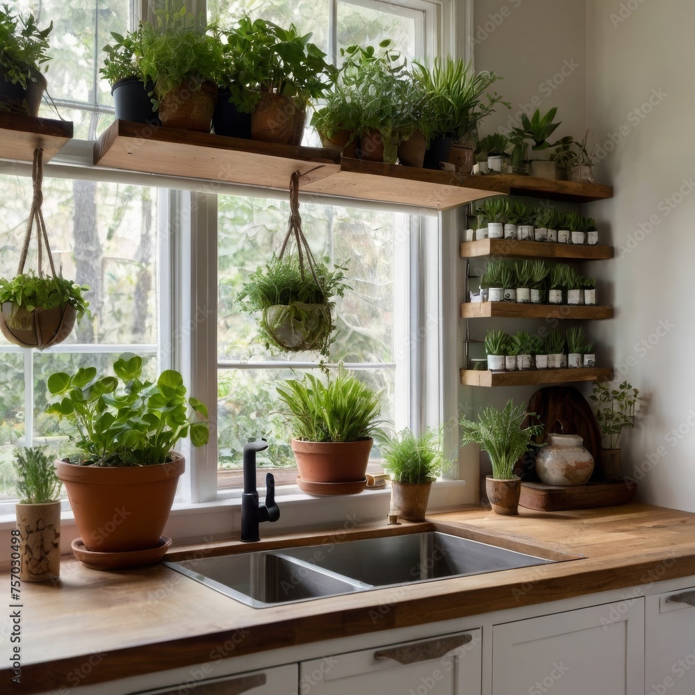 A kitchen infused with botanical charm, featuring hanging herb gardens, succulent arrangements on the windowsill, and nature-inspired artwork.