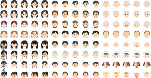 120種類の人物（老若男女）とペットの顔。シンプルなベクターアイコンイラストセット。
120 types of faces of people of all ages and genders, including pets. A simple vector icon illustration set. photo