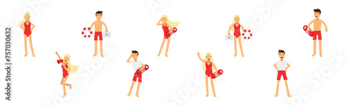 Man and Woman Beach Lifeguard Character as Sea Lifesaver Vector Set