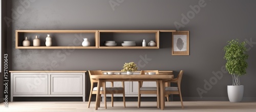 A dining room with wooden furniture including a table and chairs, set against a gray wall. The cabinetry, shelving, and flooring all complement the overall aesthetic of the room