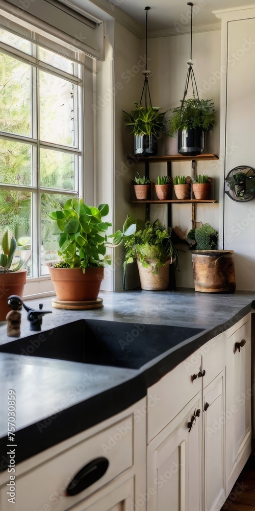 A kitchen infused with botanical charm, featuring hanging herb gardens, succulent arrangements on the windowsill, and nature-inspired artwork.