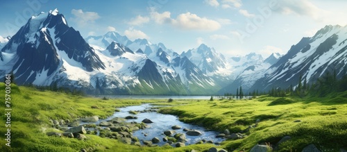 A river flows through the towering mountains in the background, under a cloudy sky. The water reflects the surrounding plants, creating a stunning natural landscape perfect for travel