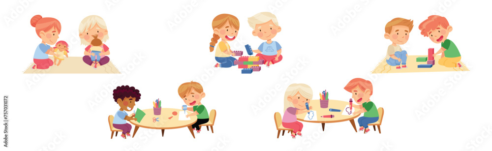 Happy Kids at Kindergarten Playing and Have Fun Vector Set Happy Kids at Kindergarten Playing and Have Fun Vector Set