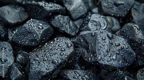 Pile of black rocks covered in water droplets. 