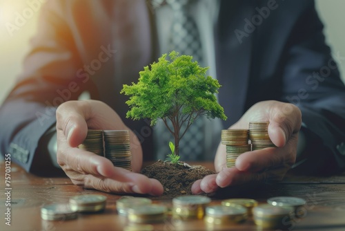 Conceptual image of growth with hands protecting a small tree and stacked coins photo