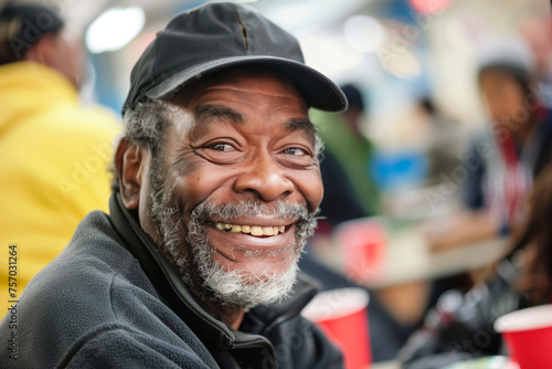 Smiling black homeless man in brightly lit and welcoming dining hall. African American senior hobo eats fresh free food in city shelter