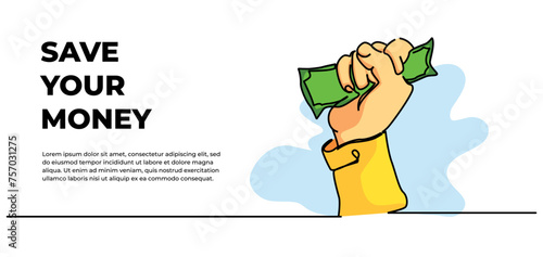 Vector illustration of hand symbol tightly holding money. Design concept of saving, broke, frugal living. 