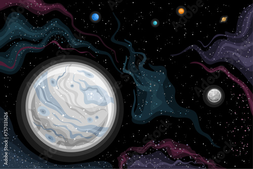 Vector Fantasy Space Chart, horizontal poster with cartoon design rotation moon Dysnomia around dwarf planet Eris in deep space, decorative futuristic cosmo print with black starry space background