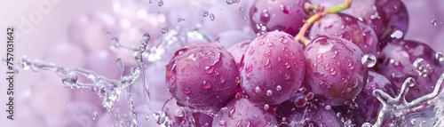 Fresh grapes splashed with water droplets, showcasing a vibrant purple hue.